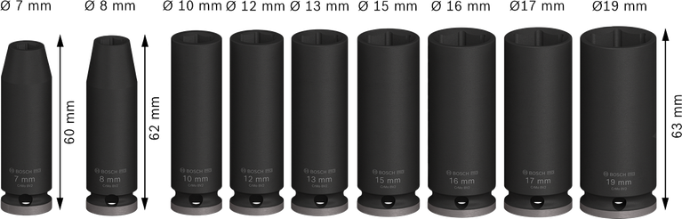 Jogo de soquetes de impacto Bosch PRO com 9 peças e 3/8 pol. de profundidade.